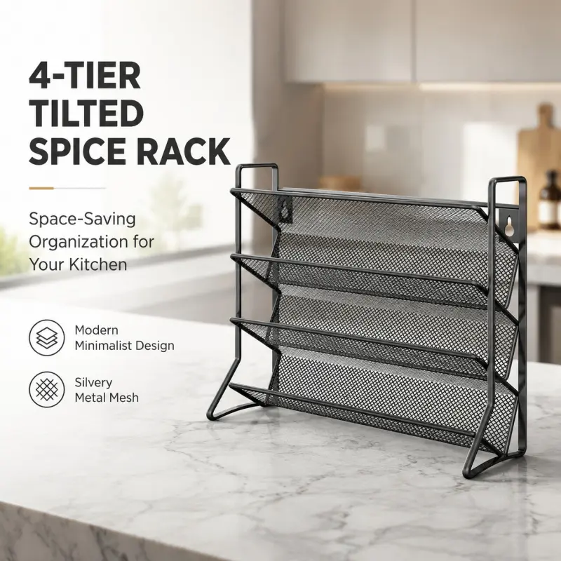 4-Tier Tilted Metal Mesh Spice Rack | Freestanding or Wall-Mounted, Space-Saving Kitchen Organizer for Seasoning Jars, Minimalist Organization Storage Design