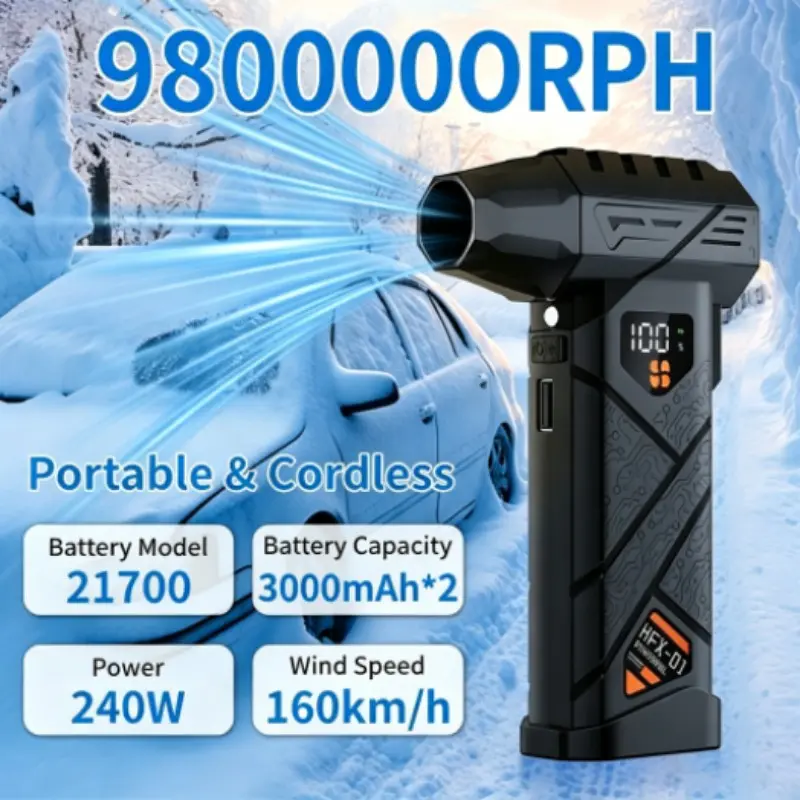 9800000RPH Brushless Air Duster, 240W 160km/h 2-in-1 Blow & Suction Turbo Blower, 0-100 Stepless Speed with Power Bank, Type-C Rechargeable Cordless for Car Snow Removal PC Keyboard Camping Home Cleaning