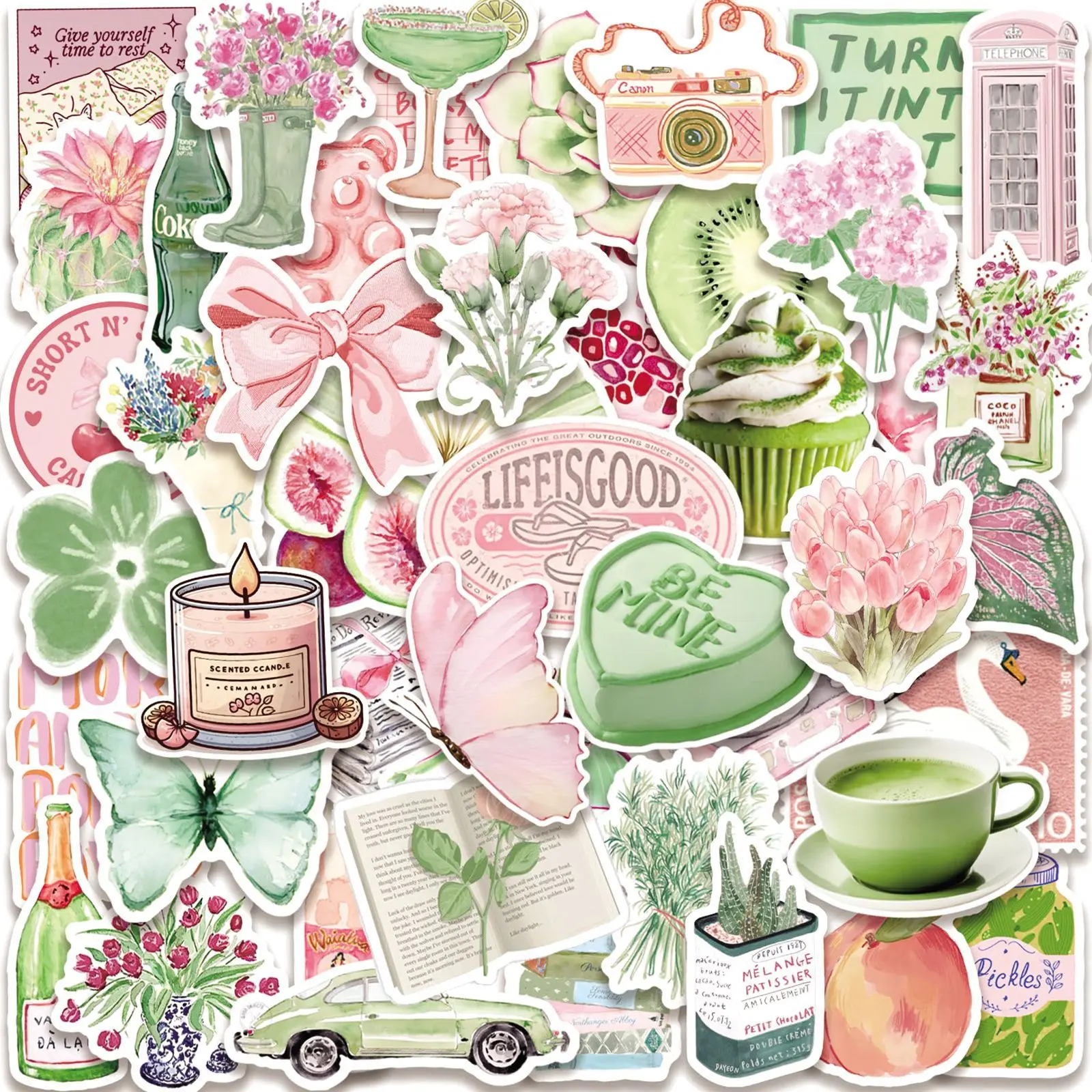50pcs Pink and Green Summer Stickers, Office Stickers, Suitable for Scrapbooks, Diaries, Laptops, Water Bottles, Cars, Etc. A Gift with A Positive Message and A Design Based on Faith. #coquetteaesthetic #mintgreenpink #watercolorsticker #cottagecore