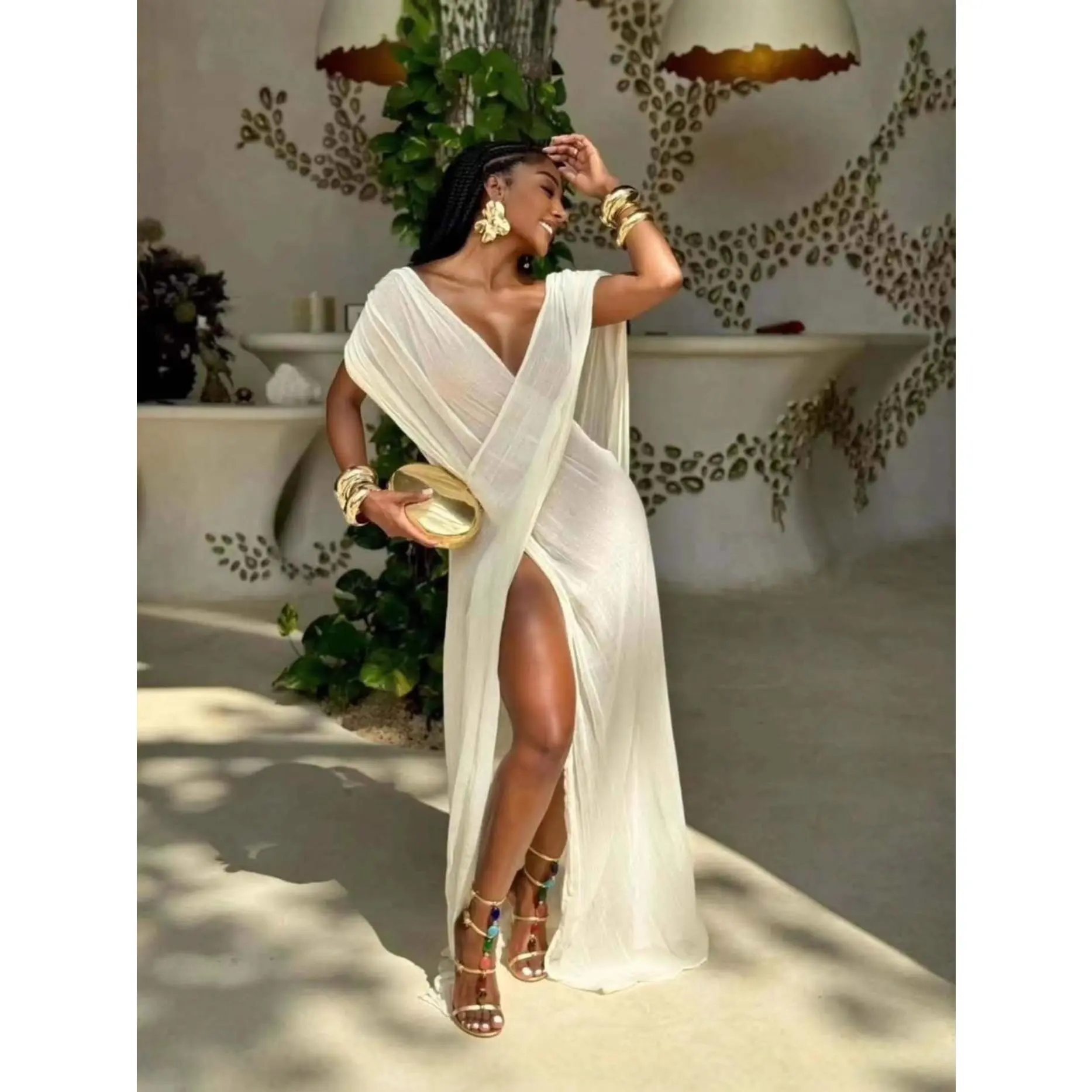 Women's Deep V Wrap Maxi Cover Up Dress - Polyester, Cape Long Sleeves, Sheer, High Slit Kaftan, Lightweight Soft Fabric, Beach Coverup, Wrap Fit, Maxi Length, for Vacation Resort Wear, Formal Wedding Guest Events prom red girl