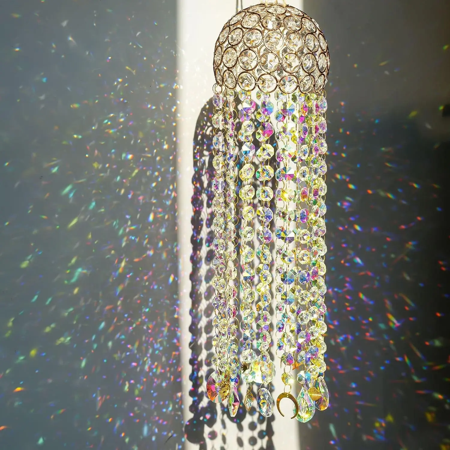 16.7in AB Color Crystal Chandelier Wind Chimes - Eye-Catching Light Room Decor Frame, Prism Rainbow Maker Window Hanging Pendant Ornament for Christmas Tree, Glass