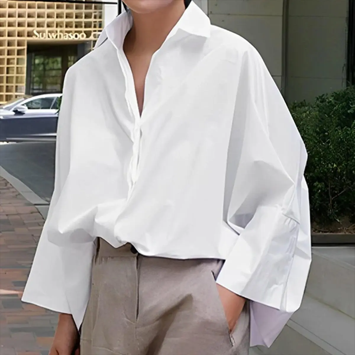 Women's Button Down Shirt, Solid Polyester Batwing Long Sleeve Blouse, Casual Loose Fit Collared V-Neck Top for Office & Layering Outfits, Fashion Apparel, Women's Fashion, Thanksgiving, Easter, Office Ootd, Lady, Basic, Clothes For Women