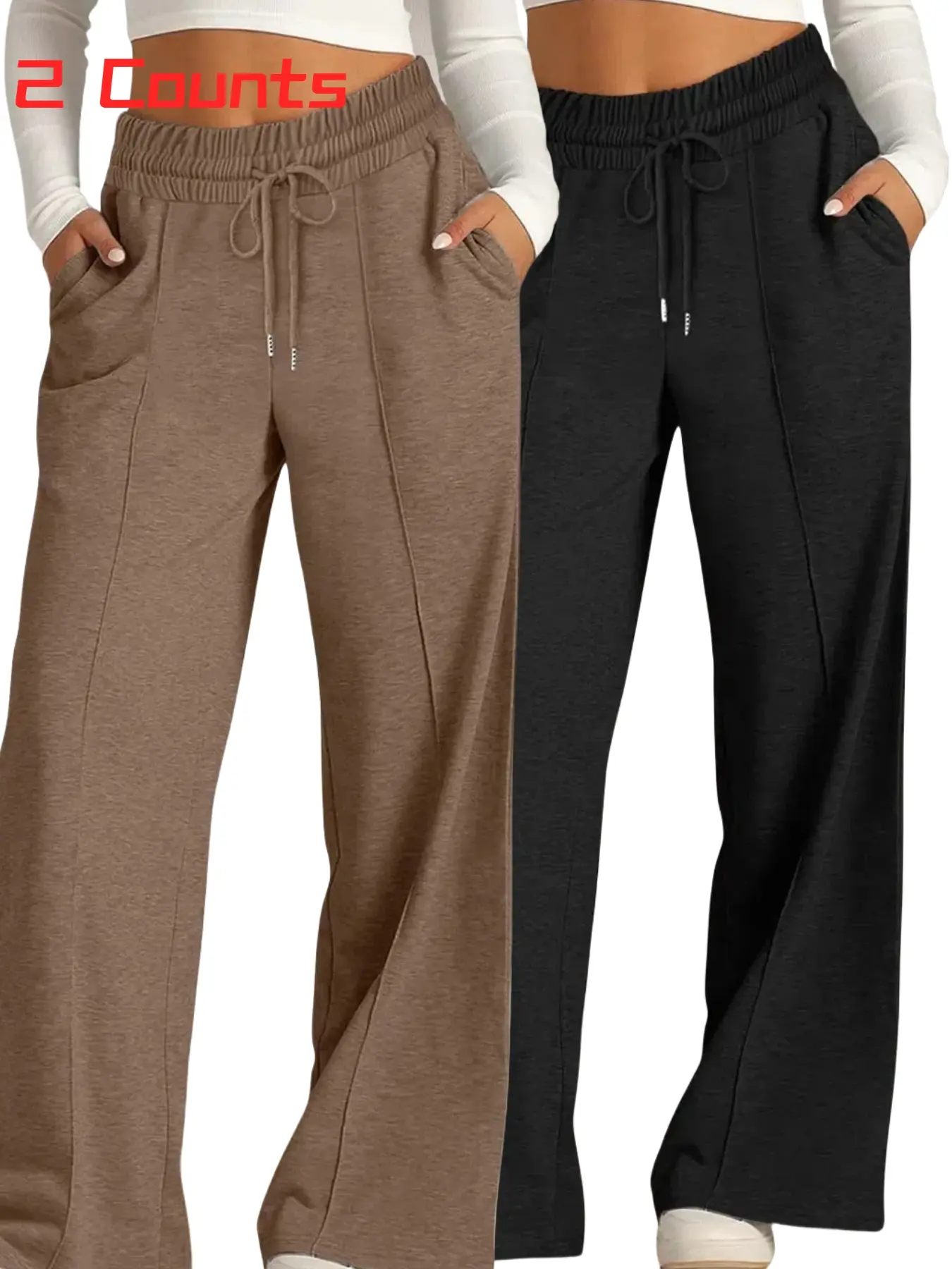 Women's Solid Color Drawstring High-Waist Wide Leg Pants, Loose-Fitting Casual Trousers with Pockets for All Seasons, Comfortable Daily Wear，Women's Affordable Pajamas,Women's Pyjama Bottoms, Elastic Waist Loungewear Homewear