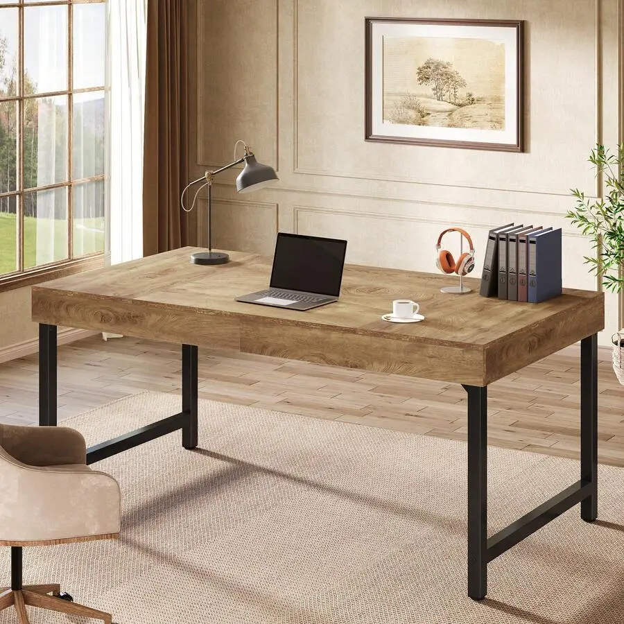 55" Industrial Executive Desk Home Office, Rustic Simple Computer Desk With Strong Metal Legs, Study Writing Table Business Workstation, Small Conference Table