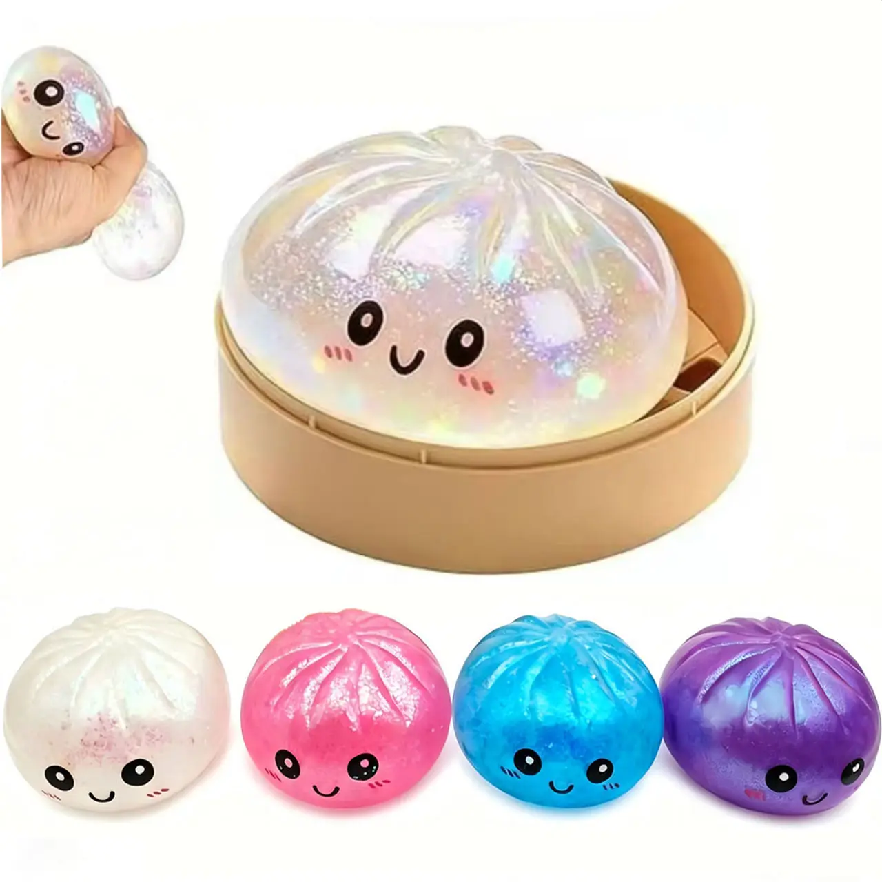 Glittery Iridescent Kawaii Squishies - Rui Rui Dumpling Squishy Stress Balls, Slow Rebound TPR Safe Stress Relief Tools, Mini Steamer-Included Decorative Kids Leisure Gift