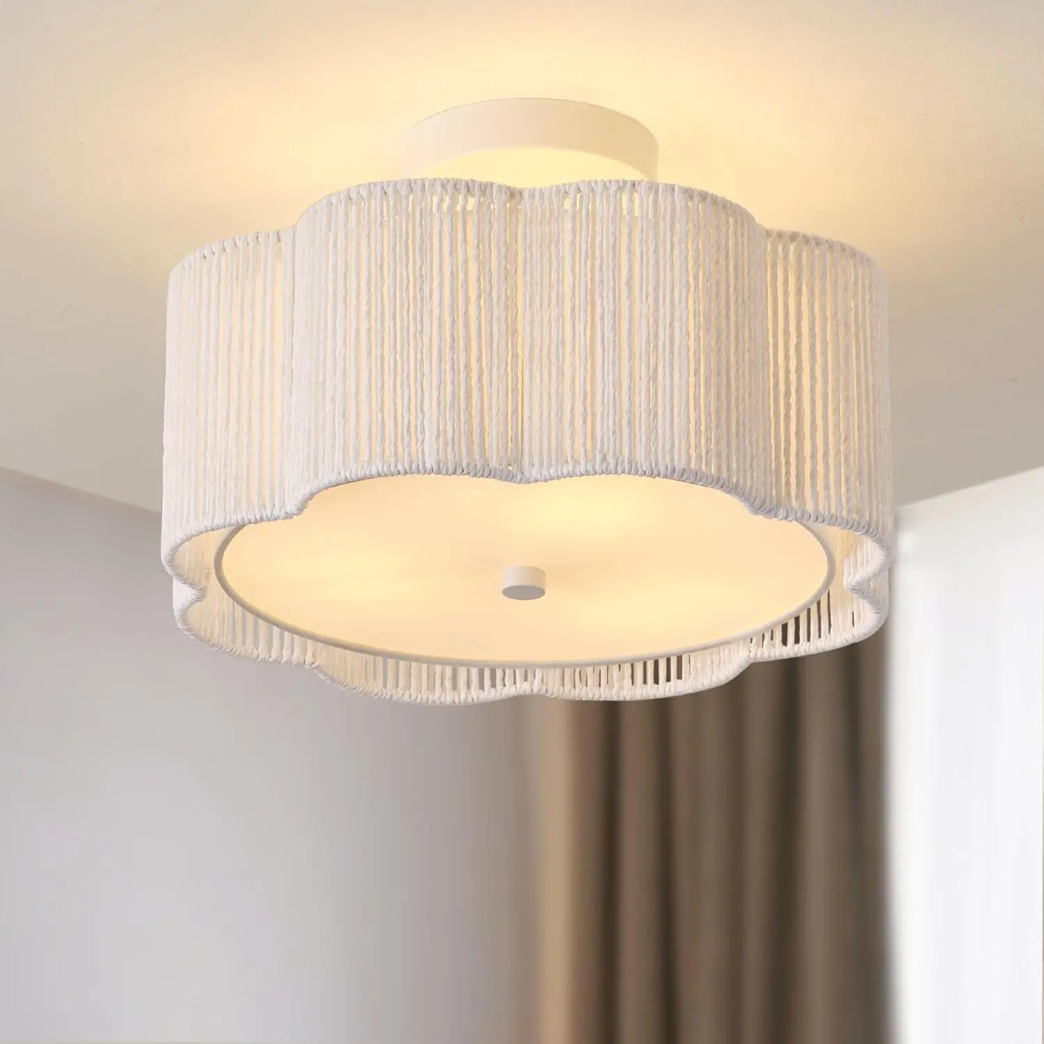 Rattan Ceiling Light Fixtures Flush Mount, 3-Light Boho Ceiling Mount for Bedroom, Close to Ceiling Modern Rattan Chandelier for Hallway Kitchen Dining Room (White)