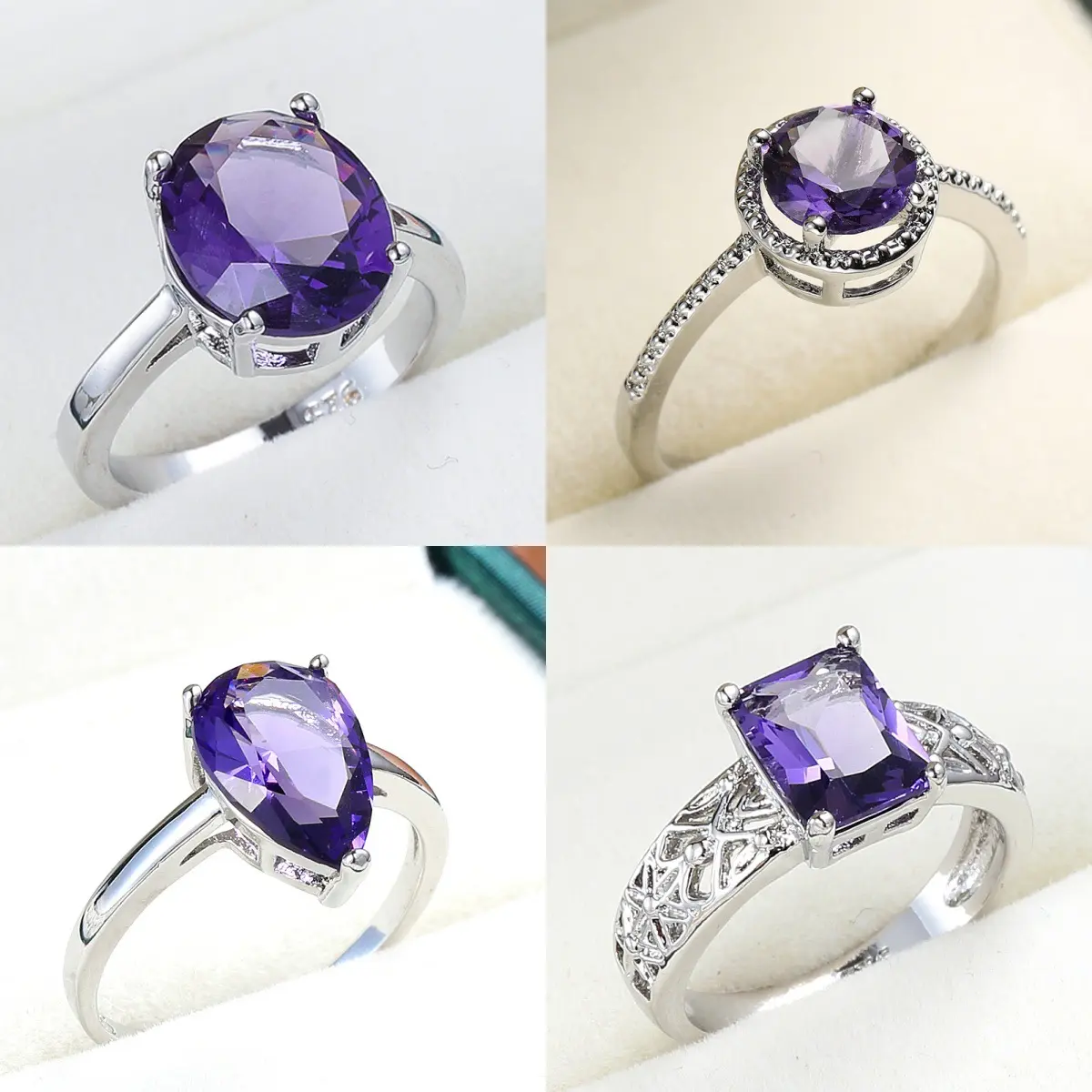 Natural Purple Amethyst Ring 925 Silver Teardrop Rectangle Crystal Solitaire Rings for Women Vintage Halo Filigree Band Wedding Birthday Gift