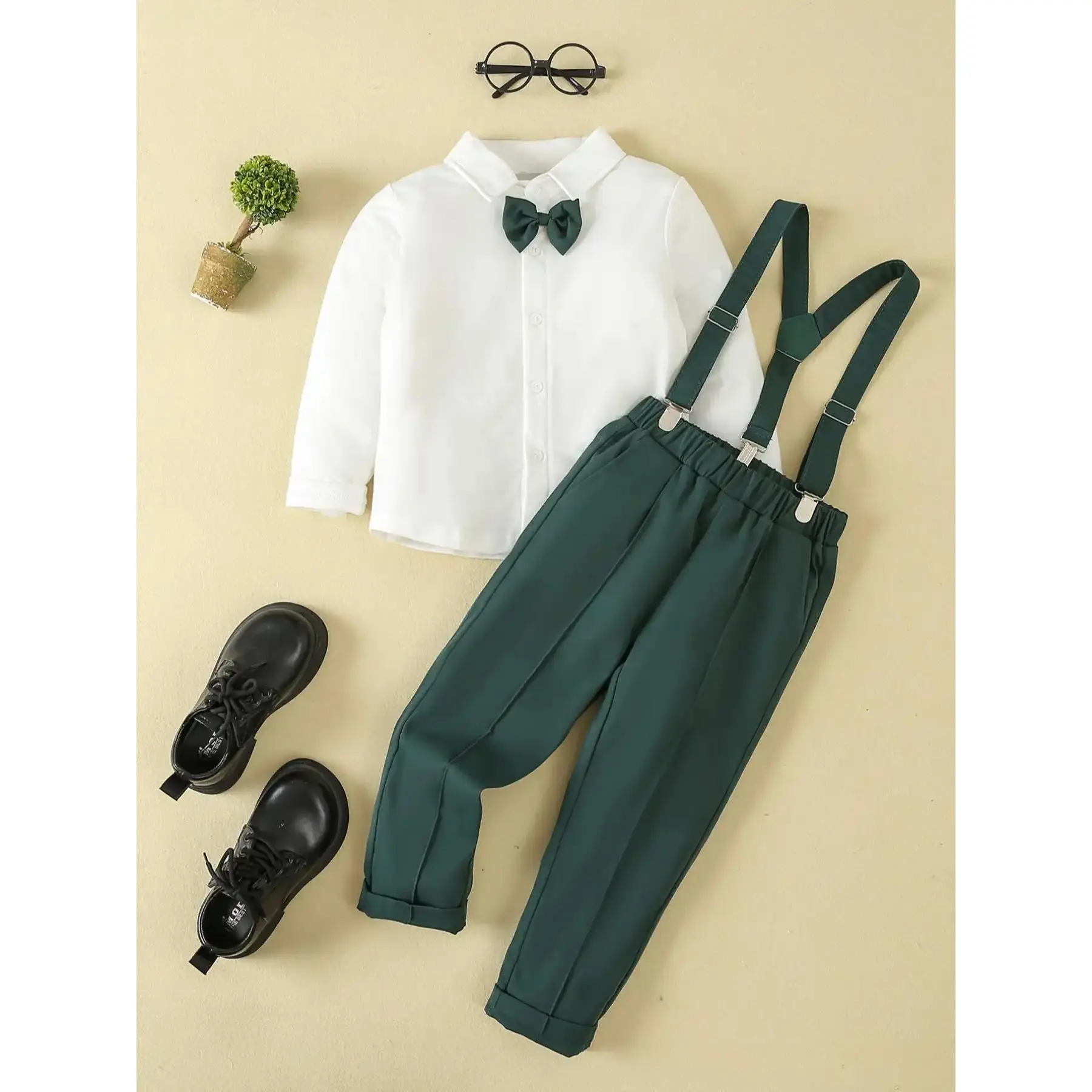 Toddler Boy's 2pcs Bow Button Front Long Sleeve Shirt & Plain Suspender Pants Set, Cute Preppy Style  Little Boys Two-piece Outfits, Spring & Fall Clothes For Kids-DY