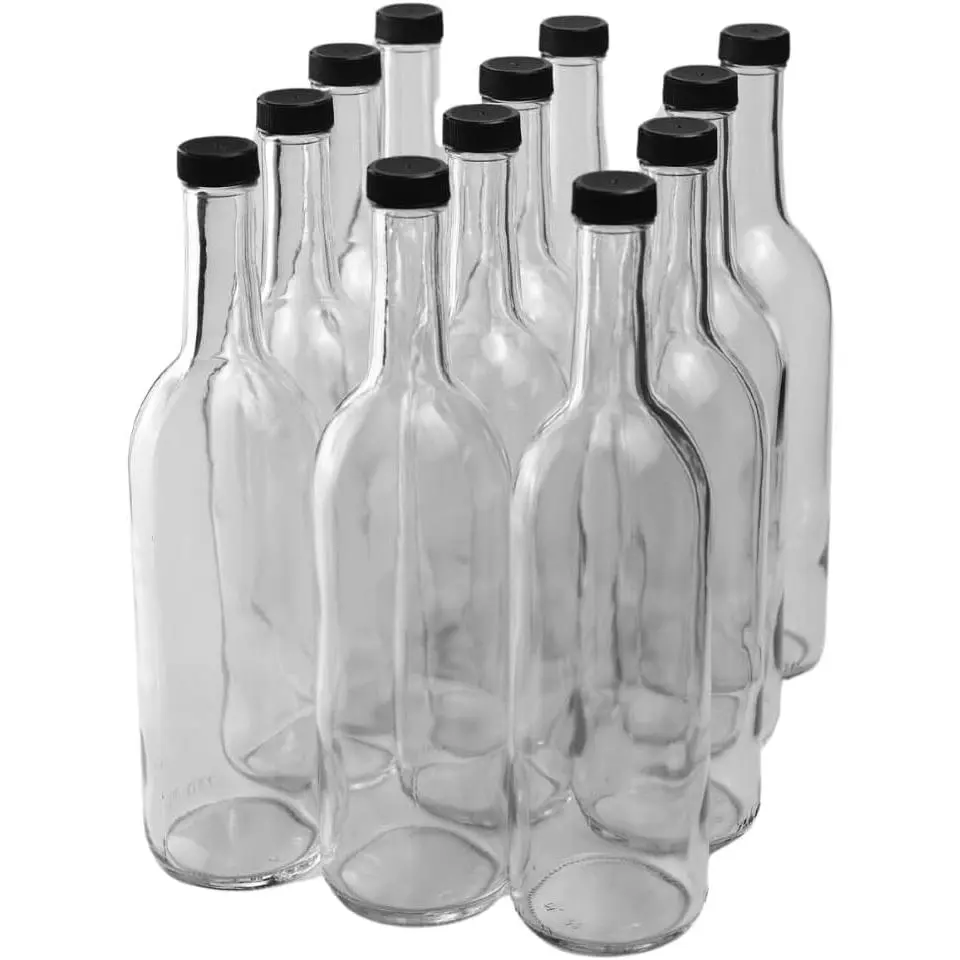 750ml Clear Glass Bottles with Lids, W5 Bordeaux, 12-Pack, Black Screw CapsGift
