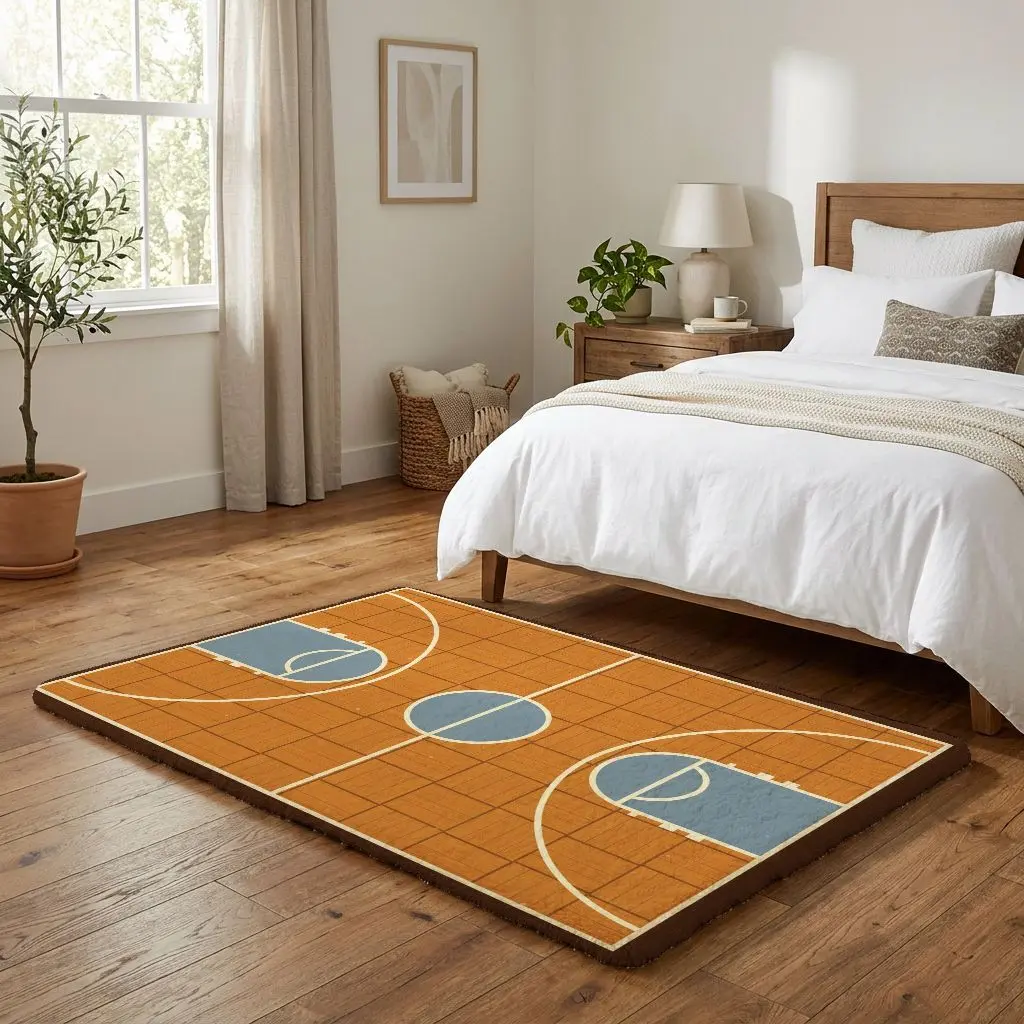 Basketball Court Themed Polyester Geometric Retro Stain-Proof Single Rugs (Multiple Sizes & Styles) – Ideal Sports Fan Gifts for Living Room, Bedroom Decor on Birthdays, Housewarmings