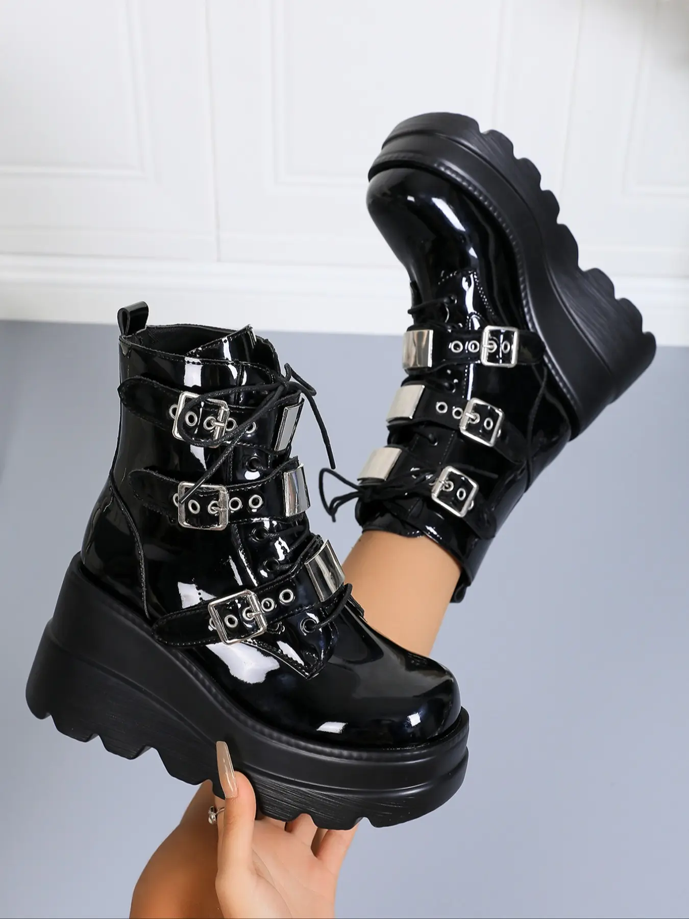 Women's Black Patent Leather Multi Metal Buckle Lace Up Wave Platform Ankle Combat Boots - Gothic Y2K Punk Street Footwear #platformankleboots #punkfootwear #y2kboots #gothstyle #tiktokshoefinds