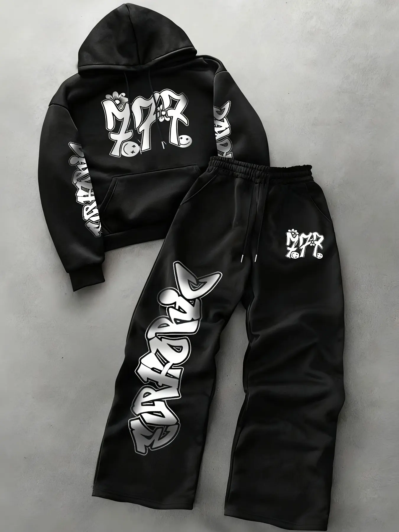 White Graffiti Two-Piece Tracksuit, Hooded Tracksuit Set: Oversized Printed Hoodie and Wide-Leg Sweatpants, Crafted from soft fabric with black letter prints, drawstring hood, elastic waistband and pockets, Ideal for street-style looks