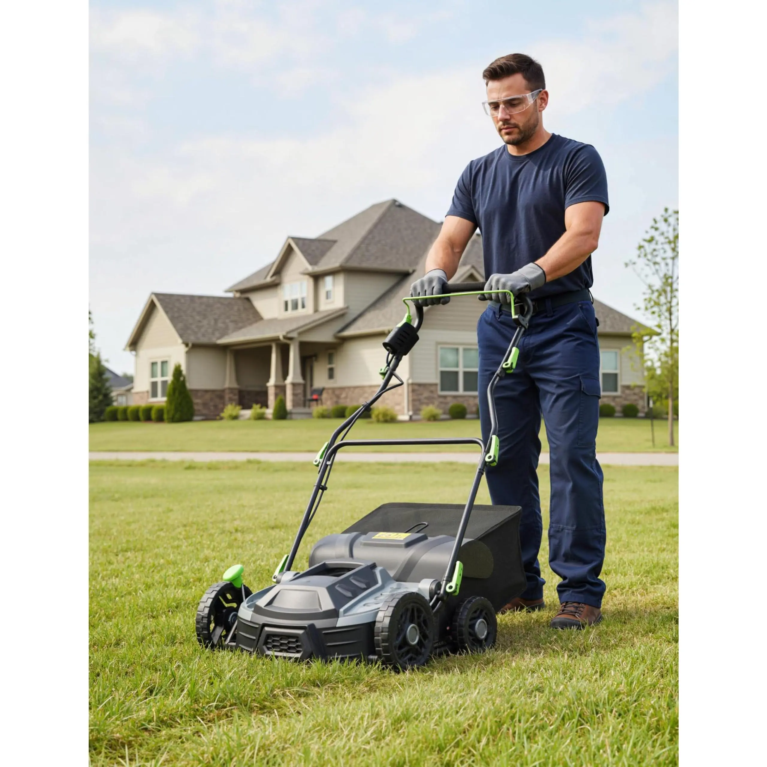 15.5 Amp 2 in 1 Electric Dethatcher and Scarifier 14 Inch Steel Blades 5 Position Depth Adjustment 14.5 Gal Collection Bag Adjustable Handle Corded Tool for Lawn Care Model A03 102B