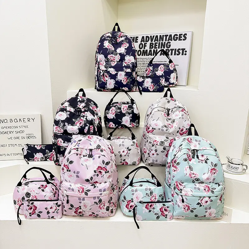 Premium 3 Piece Floral Backpack Set, Large Capacity Multi Compartment School Bag, with Heat Insulated Lunch Bag Water Resistant Casual Day pack for Students, New Fashion Travel Day pack for Women