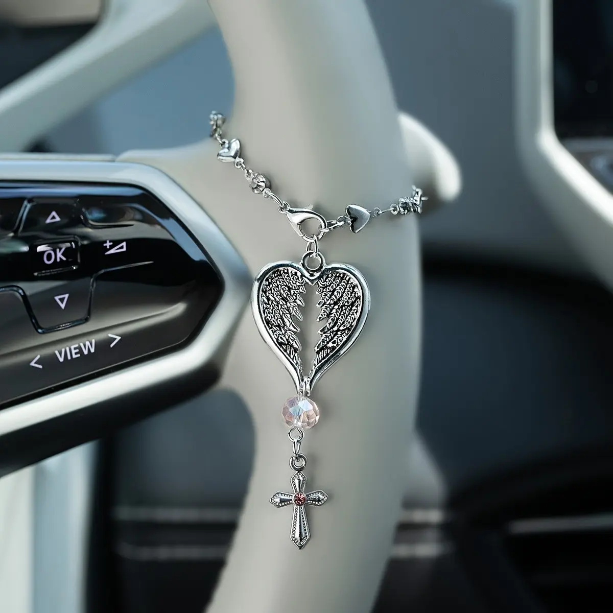 Vintage Angel Feather Cross Car Pendant, Steering Wheel Ornament with Chain, Auto Interior Decor, Holiday Ornament for Halloween Christmas