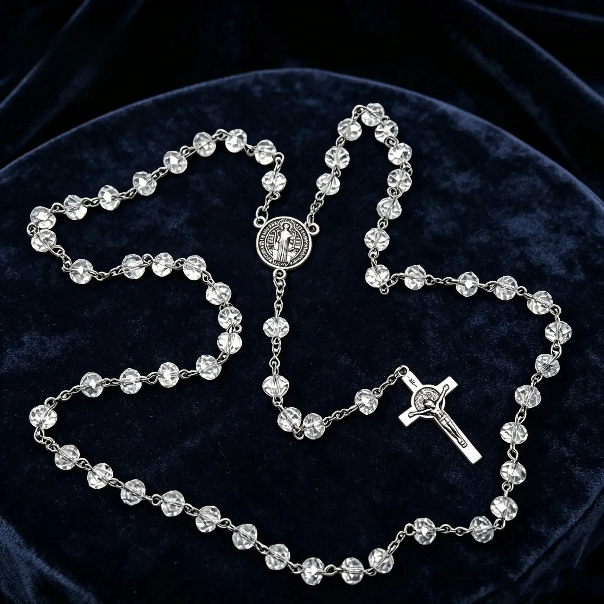 Catholic Crystal Rosary Necklace - Silver Crucifix, Clear Beads, Saint Benedict Medal - Christian Prayer Beads for Religious Ceremonies, Baptism Gifts, Summer Beach Outfits