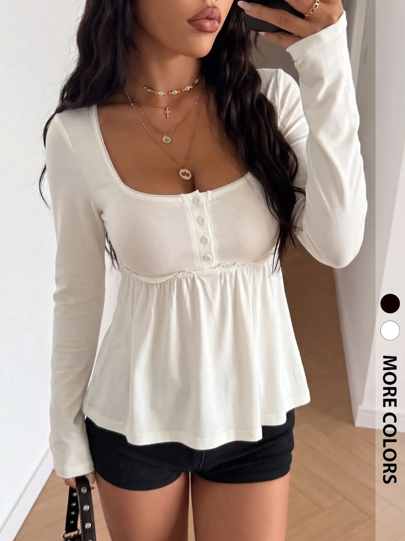 American Sweet Spice Vibe: White Square-Neck Button-Front Lace-Trimmed Peplum Long-Sleeve Top 🤍 #y2kstyle #streetwear #longsleevetop