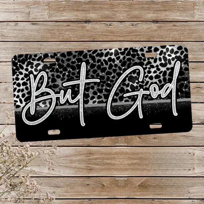 But God Christian Silver Leopard Print Metal Sign - Women's Car License Plate, Car Exterior Accessory, Home Decor Plaque, Metal Signs