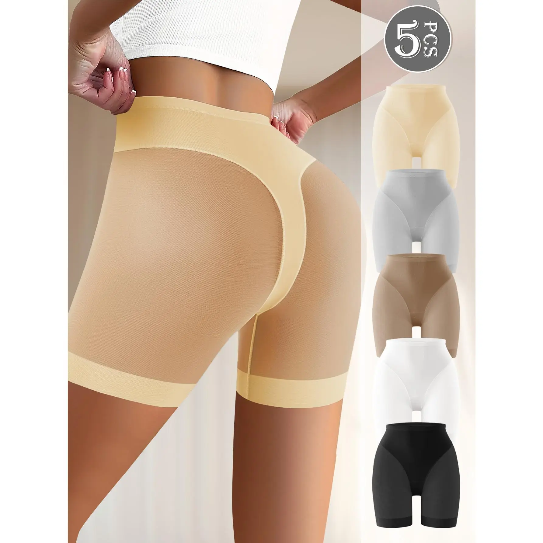 QUASTI 5 Pack Women Sheer Mesh Boyshort Safety Shorts, Breathable Stretchy Polyester Spandex Anti-Chafing Invisible Layering Under Shorts Multipack