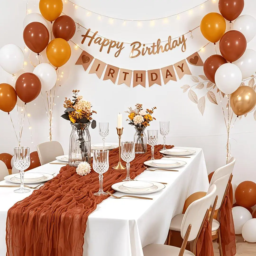 6-Piece Rectangle Crinkle Gauze Cheesecloth Table Runners (17in W × 9ft), All Seasons Modern Neutral Tone, Machine Washable, Colorfast, Anti-Fray Sheer Boho Centerpiece for Home Dining, Wedding Decor (Champagne Option, Layered Look Compatible)