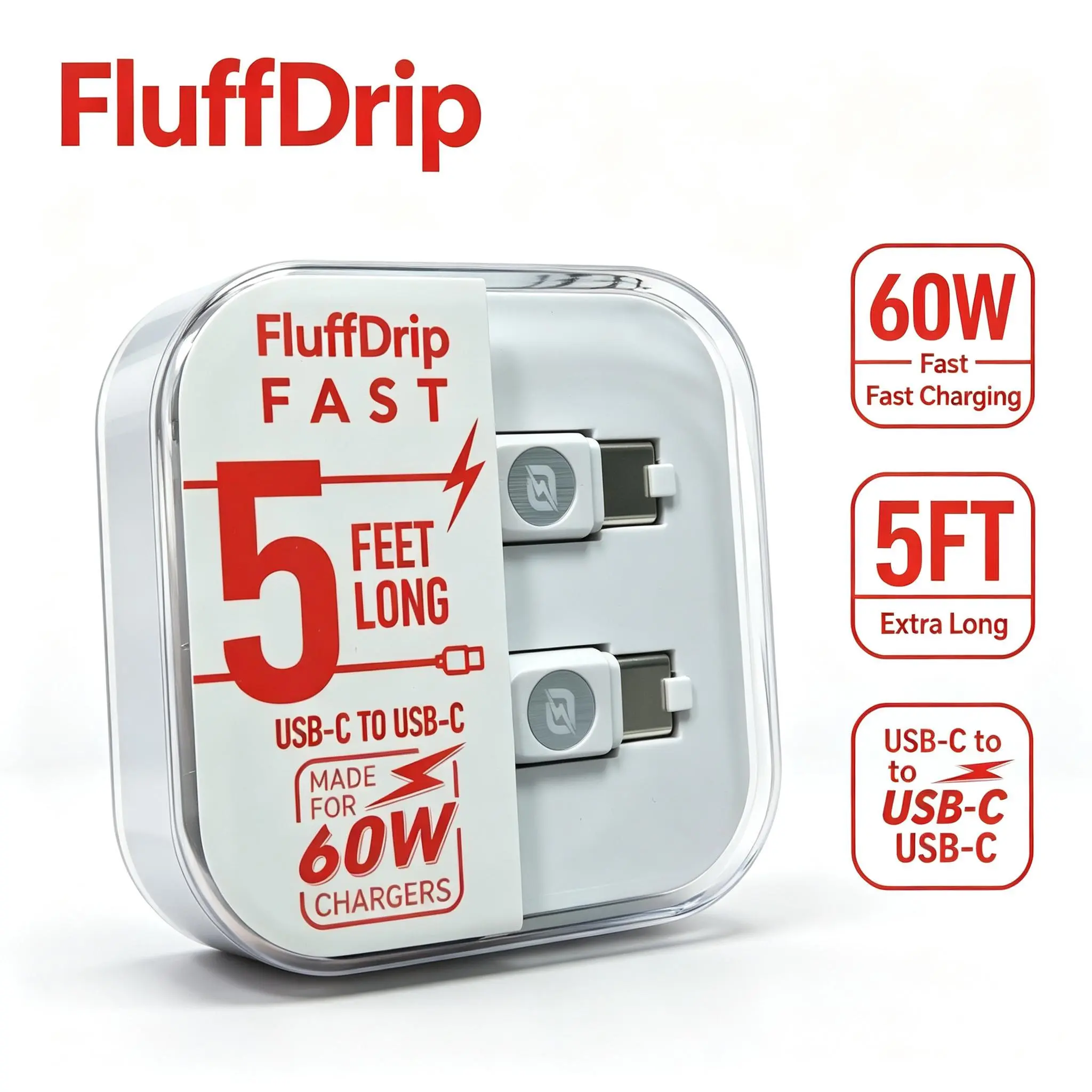 FluffDrip 60W USB C to USB C / USB A Fast Charging Cable, 5FT Extra Long Braided Cord, PD Super Fast Charge for iPhone 16/15 Pro Max, Samsung Galaxy S24/S23, iPad, Android