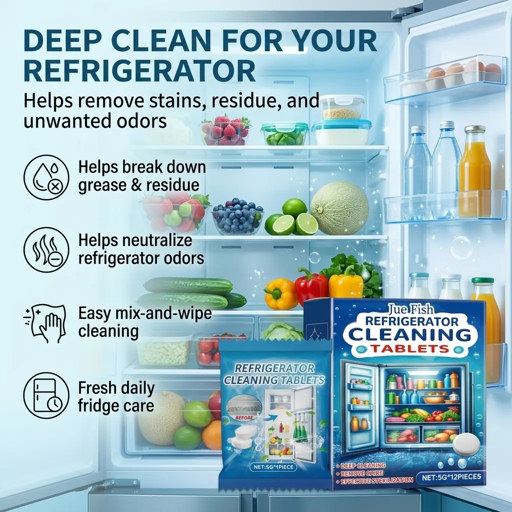 Refrigerator Cleaner Tablets, Effervescent Fridge Cleaning Tabs for Kitchen Refrigerator, Grease, Food Residue, Stains, Odor Care, Deodorizing, Fresh Scent, Appliance Surface Cleaner, Multi-Purpose Kitchen Cleaner and Daily Home Fridge Care Use