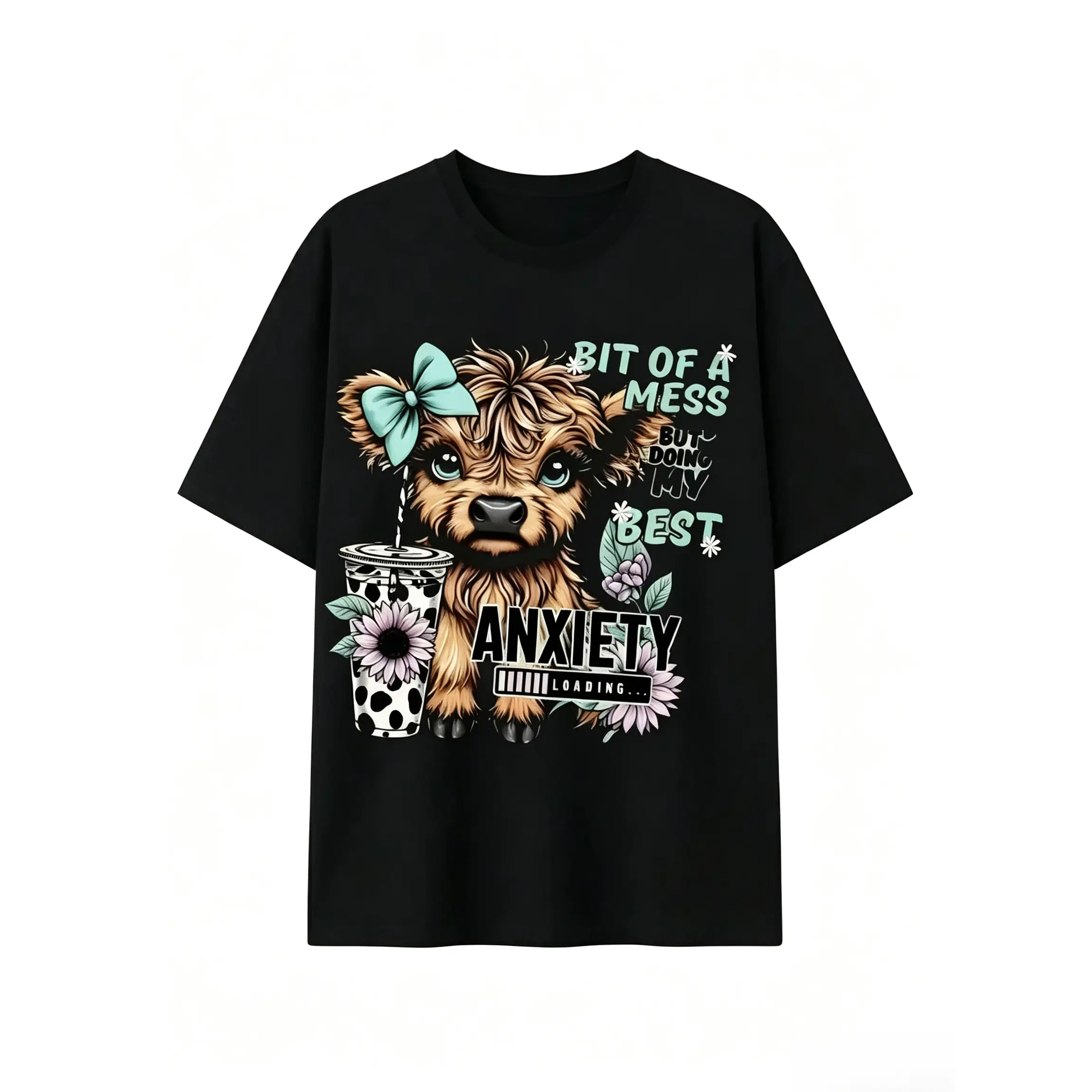 Women's Highland Cattle Graphic Tee Apparel - Soft Cotton Blend, Relaxed Cut, Short Sleeve, Round Neck, Digital Print, Long-Lasting Shape, Skin-Friendly, Anxiety Theme, Casual Wear, Unisex Sports Top, Streetwear, Women's Graphic Tees, Relaxed Fit