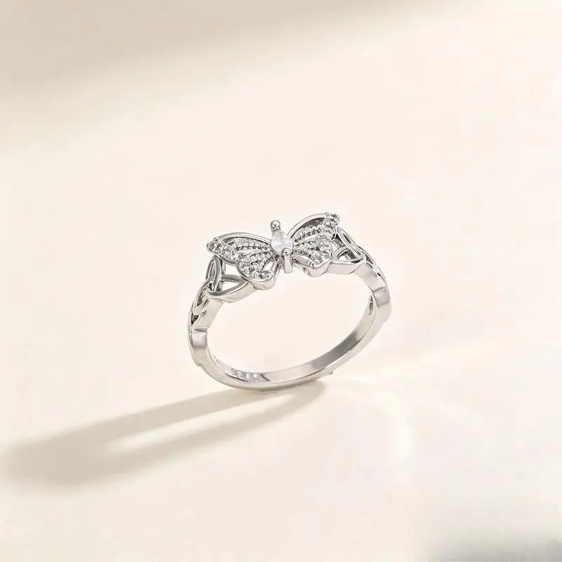 Women's Minimalist Celtic Knot Butterfly Ring - 5A Cubic Zirconia Accent, Anti-Tarnish Alloy Lightweight Band, Fine Polished Daily Casual Fashion Costume Jewelry Accessory