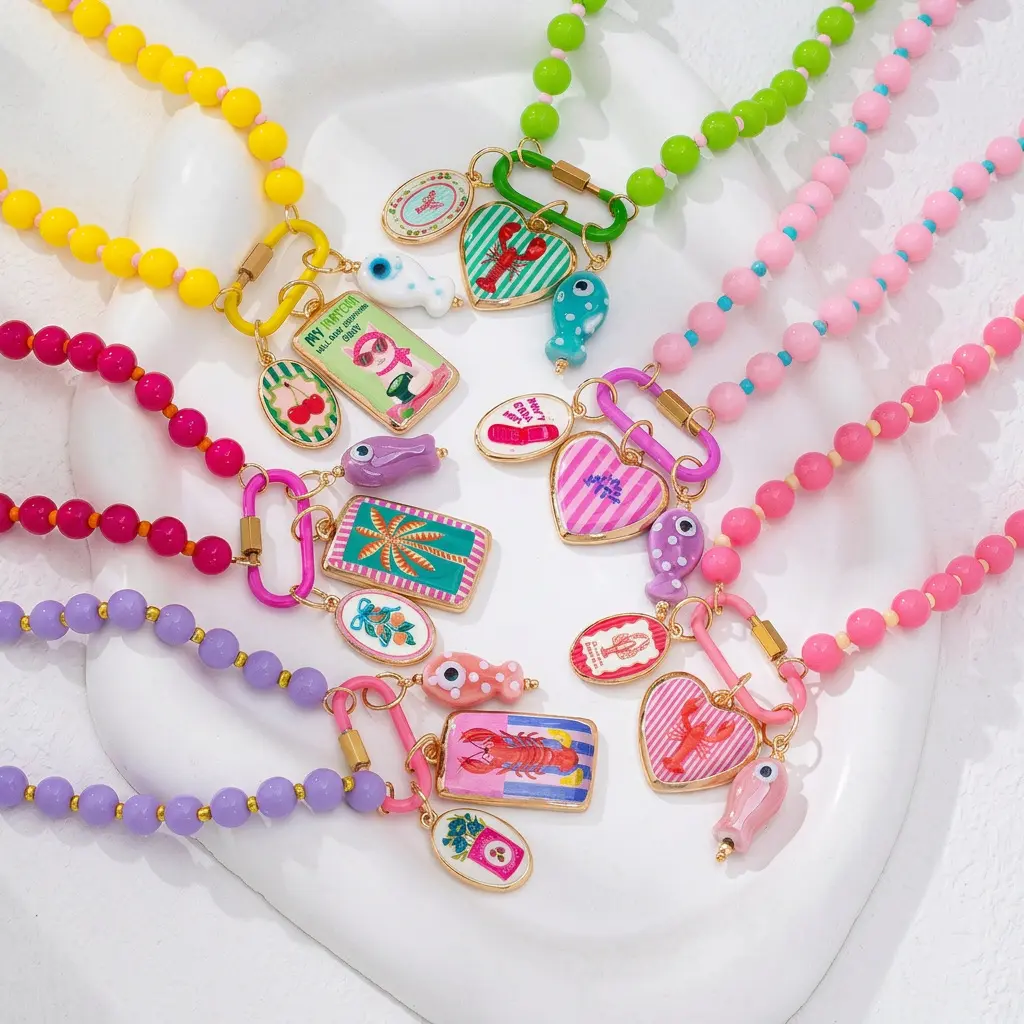 Multicolor Summer Beaded Necklace Set - 40-50cm, Enamel Lemon Starfish Tropical Pendant, Beach Fun Resin Jewelry, Leisure Look, Adjustable Clasp Design, Copper Base Assorted Necklaces, Lightweight Resin