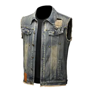 Men's High Cotton Distressed Frayed Denim Vest, Vintage Washed Sleeveless Jean Jacket with Rivets and Ripped Details, Casual Streetwear Trucker Vest for Men