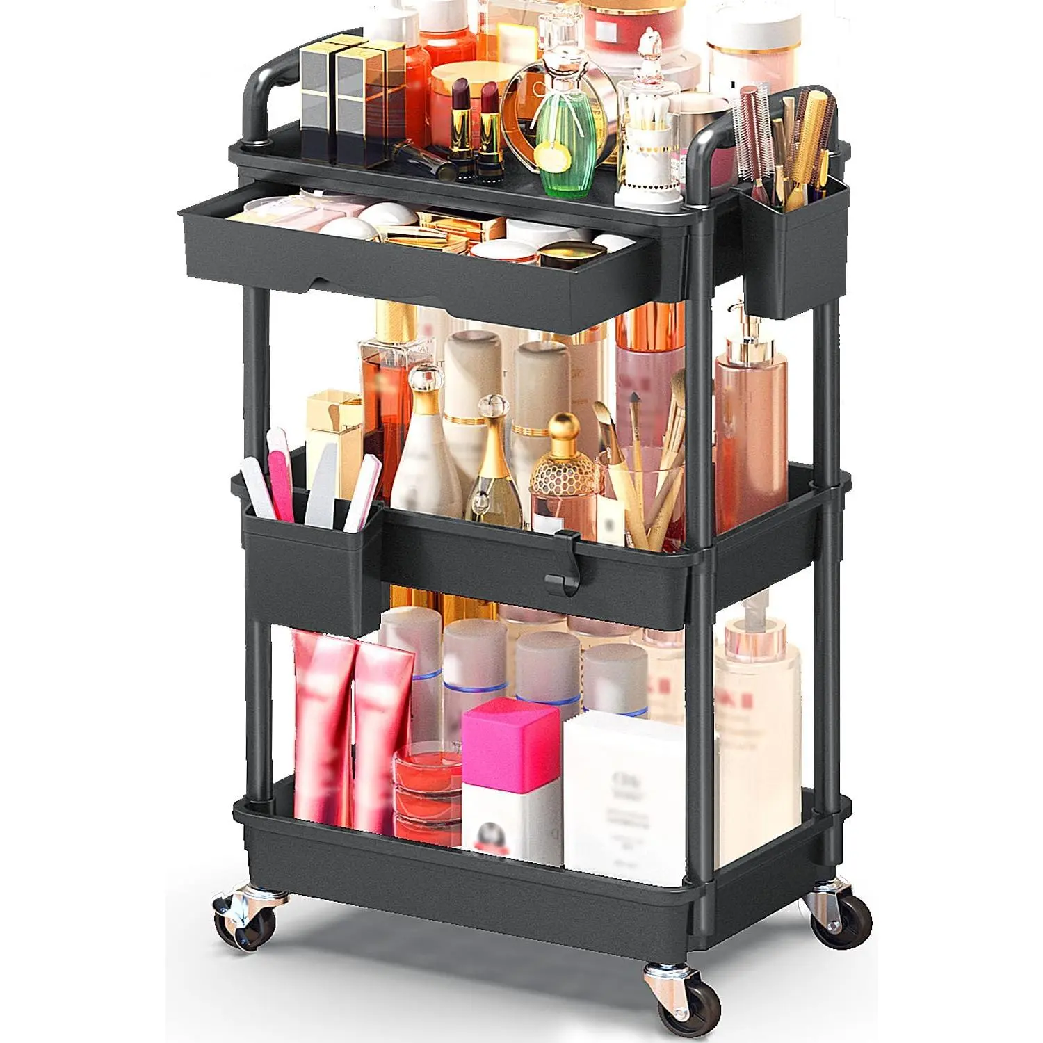 lack Rolling Makeup Cart Organizer with Drawers, Multi-Tier Floor Skincare Vanity Storage Trolley, Mobile Cosmetic Display Organizer Cart for Skin Care Products, Perfume, Makeup, Nail Polish & Bathroom Supplies