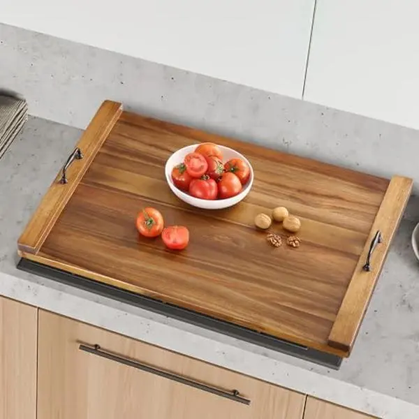 GARVEE30 x 22 Inch Acacia Wood Noodle Board Stove Cover with Handles, Wood Stove Top Cover Board for Electric Stove Gas Stove, Counter Space Sink Cover RV Stove Top Cover, Decorative Tray