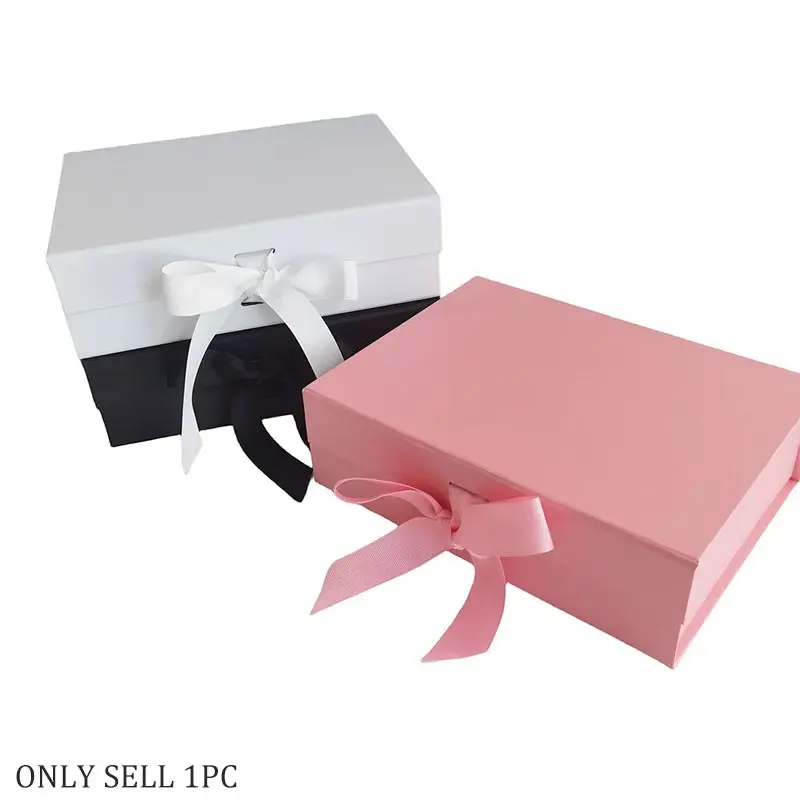 1pc Folding Cardboard Gift Box, Rectangular Gift Box With Magnetic Lid And Ribbon, Available In Multiple Colors, Suitable For Groomsman Proposal Box, Wedding, Christmas, Halloween, Birthday Gift Packaging, Wedding Anniversary, Festival Party, Holiday