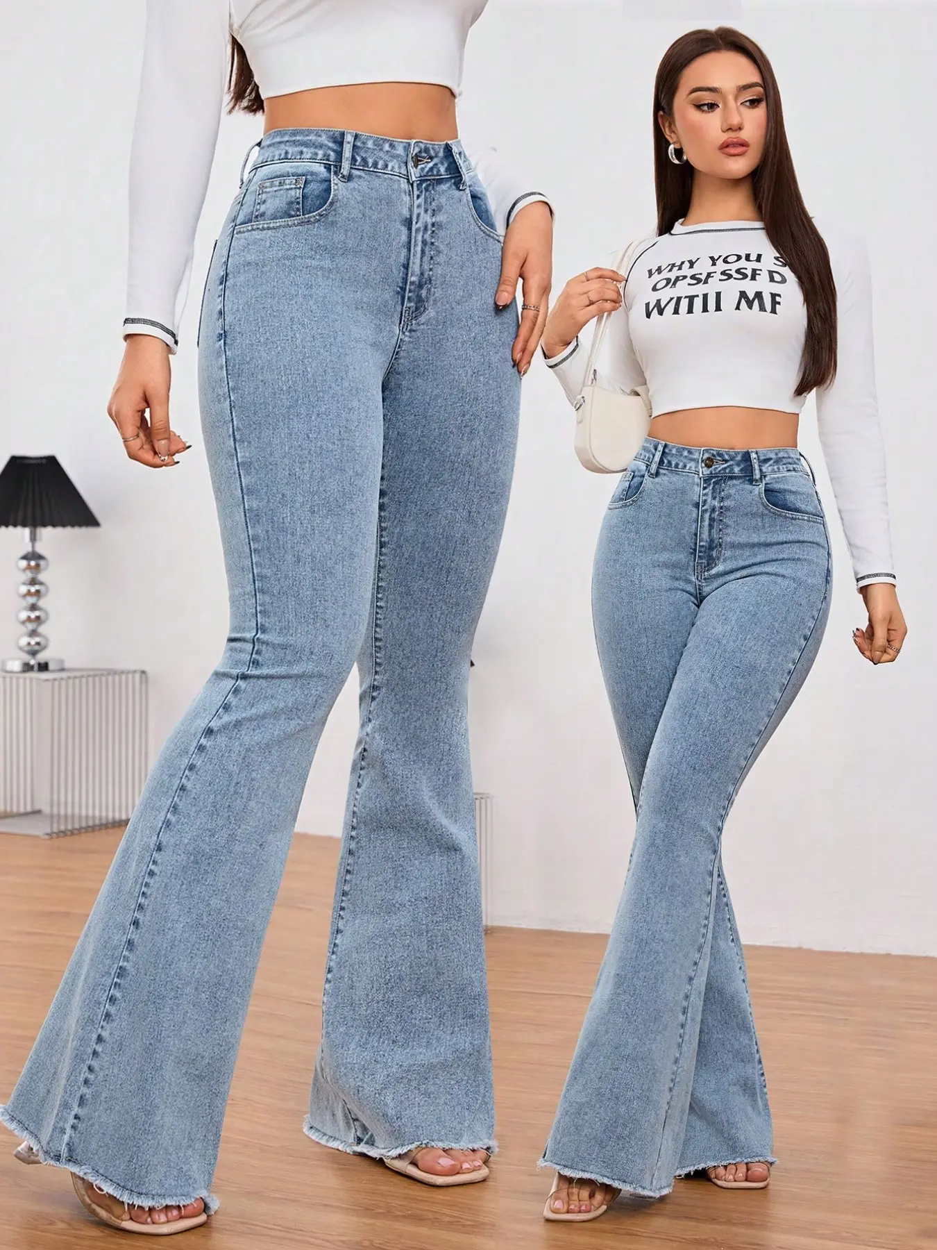 Tall Y2K High-Waisted Flared Jeans for Women, Light Wash Slim Fit, Perfect for Summer Parties and Music Festivals, Ideal with Cowboy Hats and Boots