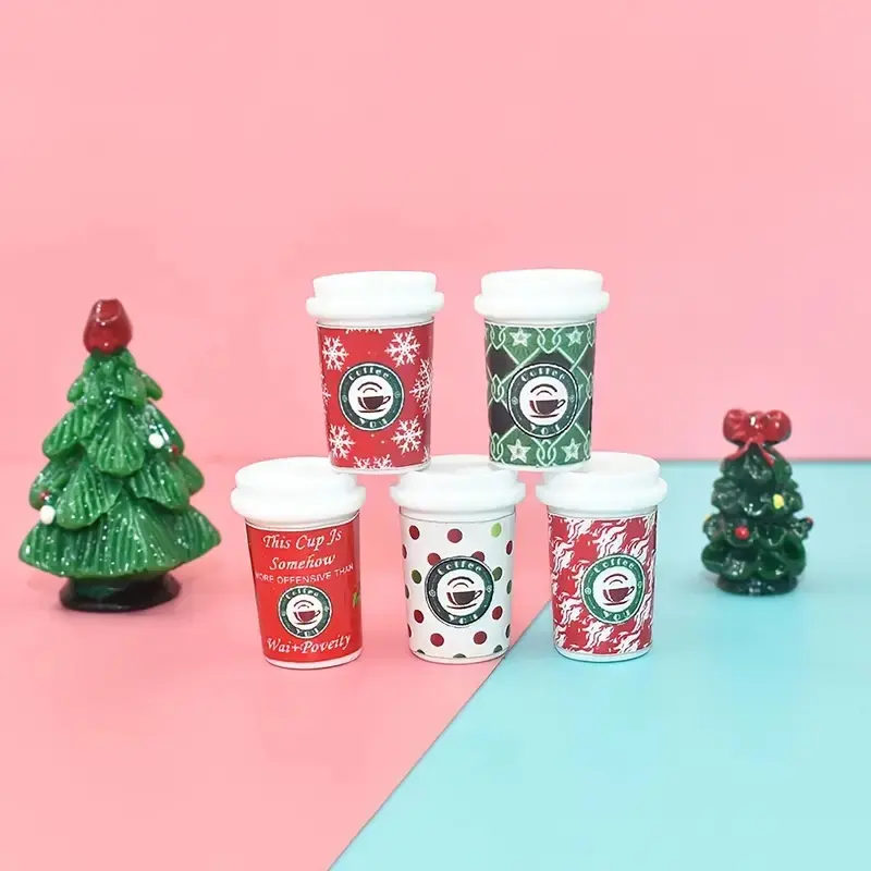 Random 10 Mini Cute Christmas Coffee Cup Resin Figurines, Perfect Jewelry Accessories, DIY Craft Decorations, Holiday Gifts