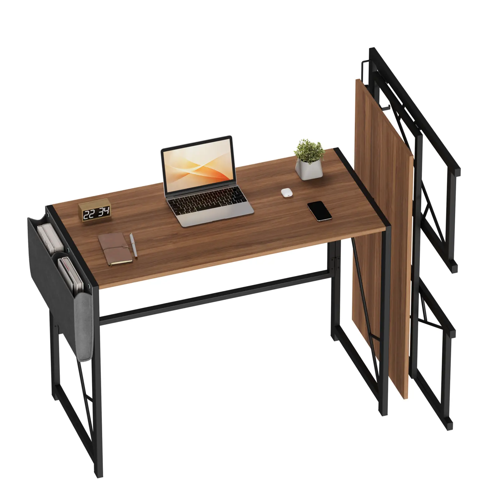 39.4" Folding Compute Desk with Storage Bag & Hooks – Foldable Writing Desk with Metal Legs, Home Office Work Desk for Bedroom, Apartment