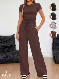 2pcs/Set Women's Minimalist Basic Daily Wear,Casual Pleated Waist Short Sleeve T-Shirt And Loose Pants Set, Two Pieces Outfits,Basic Daily 2-Piece, Comfortable and Stylish Clothing