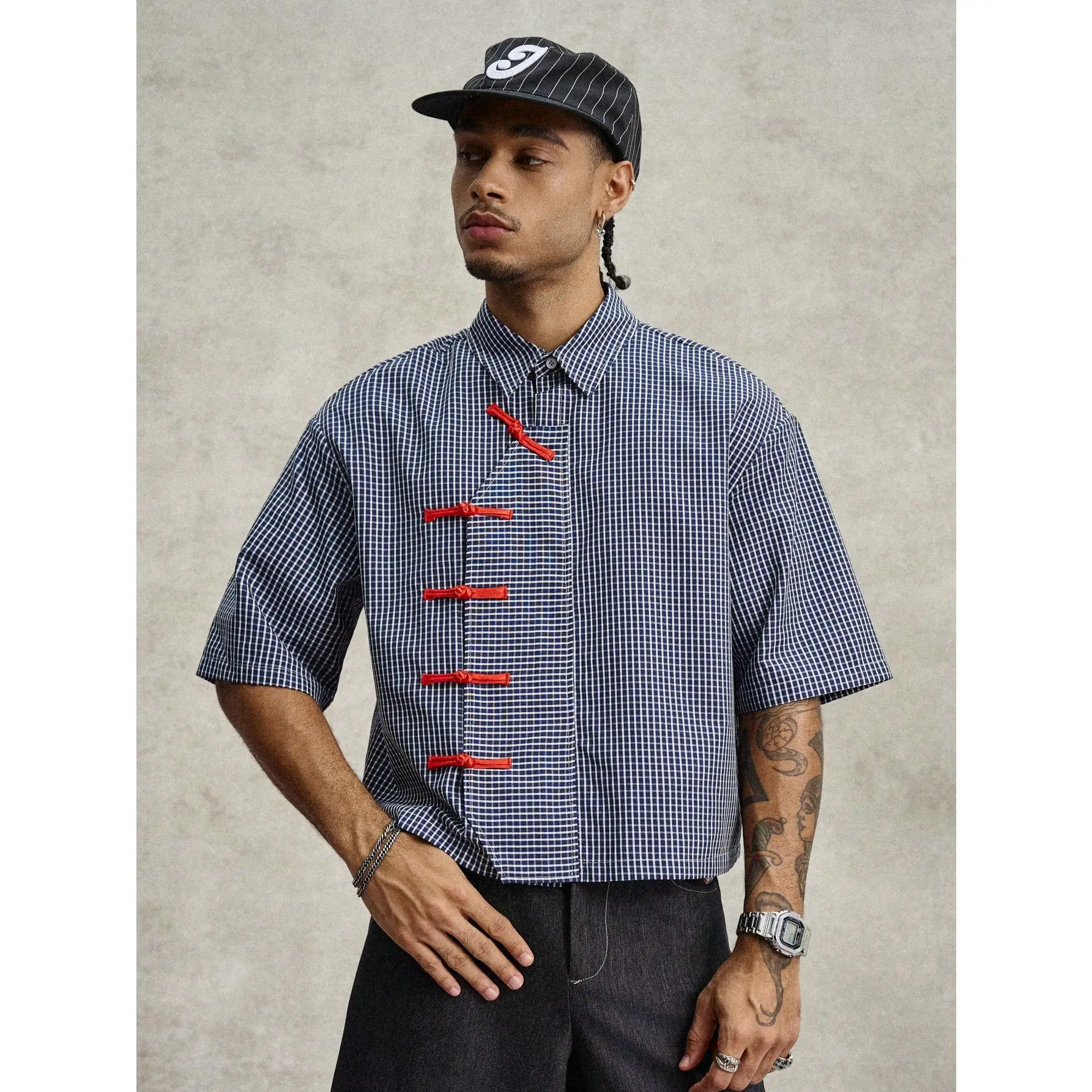 Men's Black And White Plaid Summer Streetwear City Break Short Sleeve Chinese-Style Button-Up Retro Oblique Collar Shirt