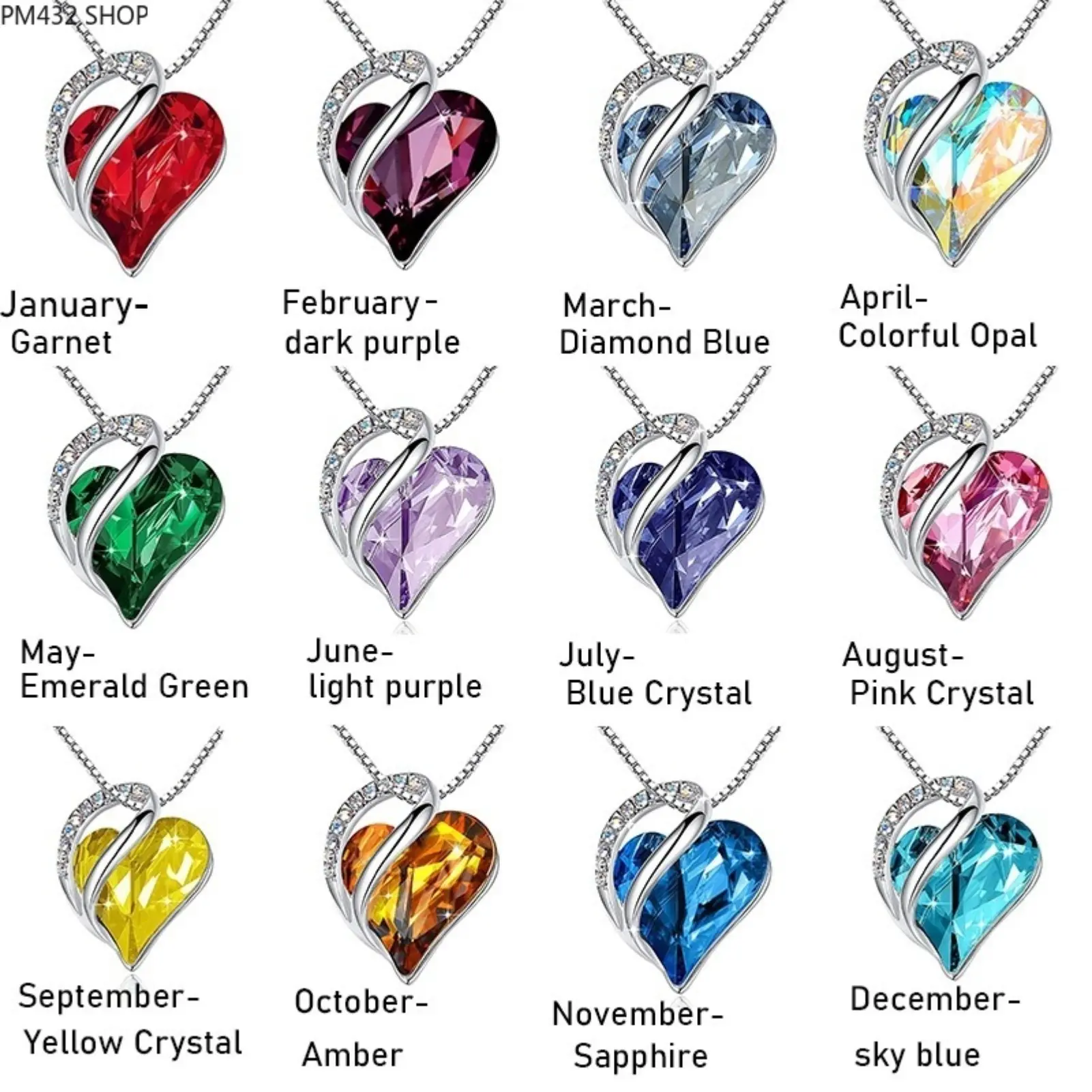 12 Month Birthstone Heart Necklace, Multi-color Gemstone Crystal Pendant, Elegant Heart Shaped Jewelry for Women, Daily Wear and Gift Giving