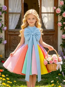 Girls Bow Patchwork Ball Gow Baptism Birthday Prom Party Elegant Wedding Princess Dress Piano Host Performance Evening Costume