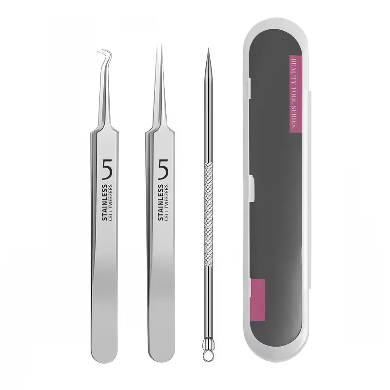 Three-Piece Stainless Steel Beauty Tool Set, Blackhead Remover, Acne Tweezers, Needle, Professional Facial Cleaning for Nose, Chin, Cheek, Facial Care Tools
