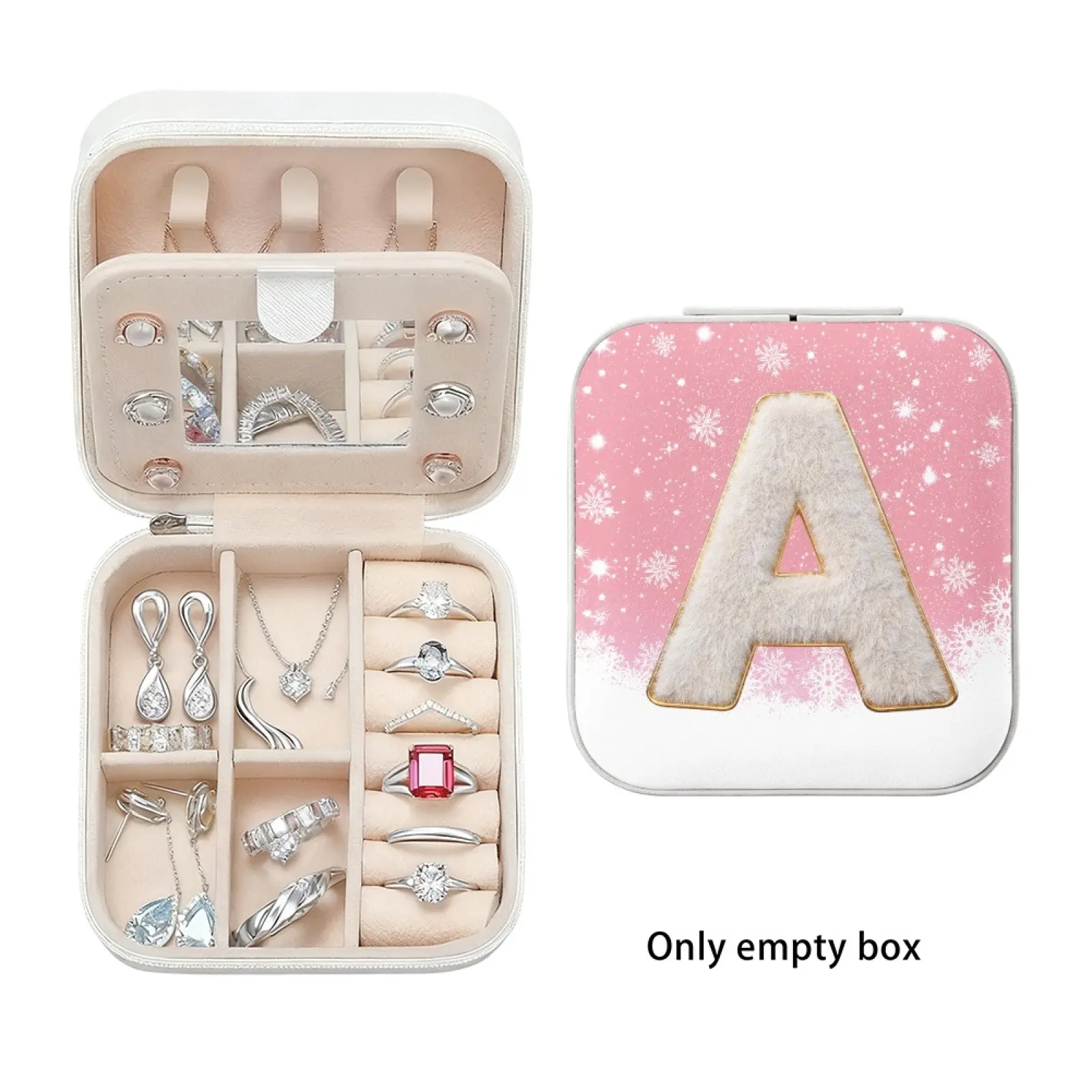 Mini Portable PU Leather Jewelry Storage Box, Festive Xmas Winter Snow Fluffy Alphabet Letter Print Jewel Organizer Case, Waterproof Dustproof Divided Jewelry Holder for Rings Bracelets Necklaces Custom Christmas Holiday Present