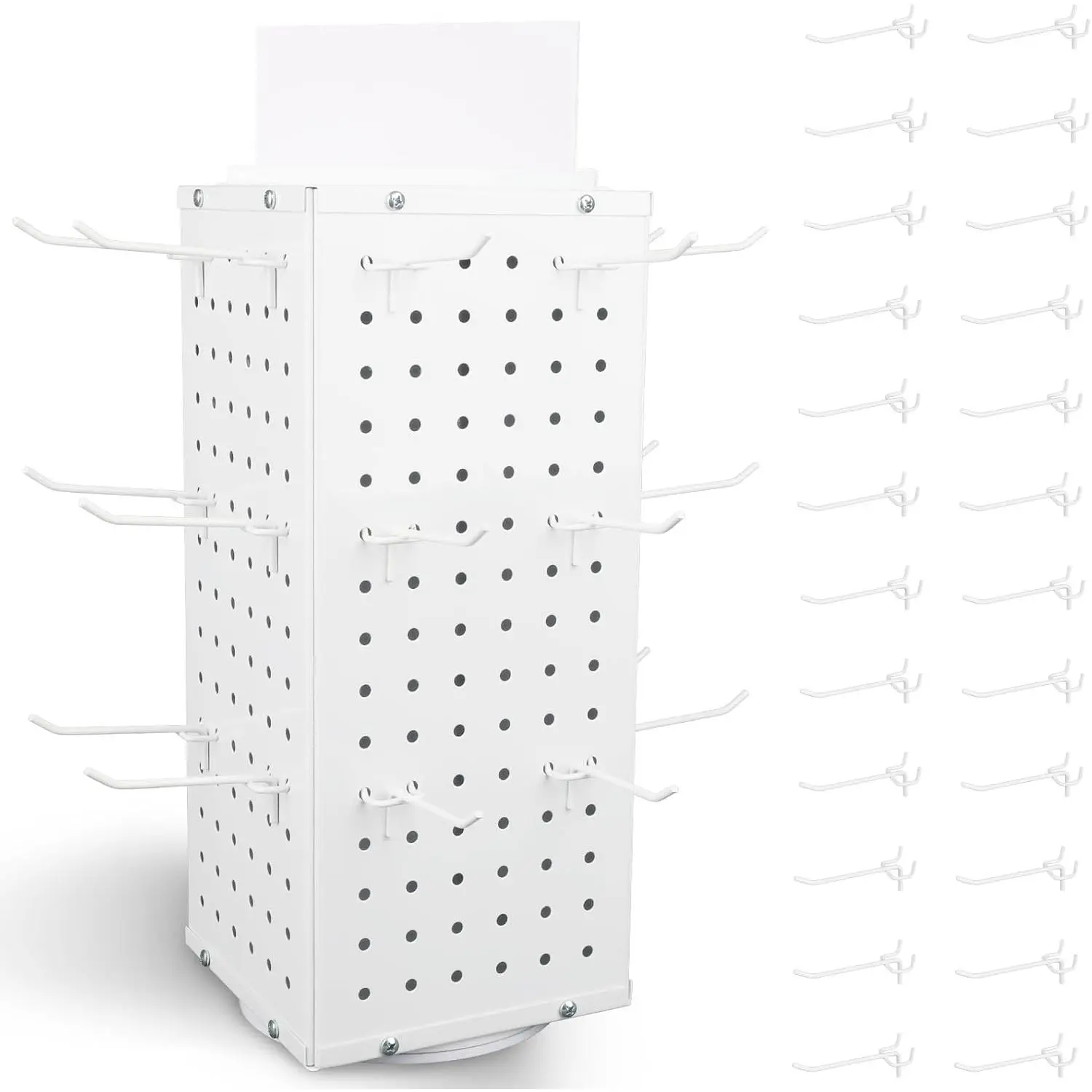 Rotating Pegboard Display Stand With 24 Hooks, 4-Sided Metal Spinning Peg Board Display 7.4"x7.4"x17" Spinner Pegboard Carousel Craft Rack Organizer (White)