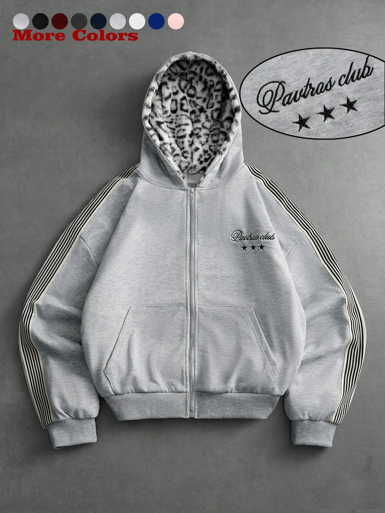 Men's Hooded Zipper Sweatshirt Jacket, Long Sleeve, Loose Fit, Leopard Fur Lining, Colorblock Stripes, Pavtras Club Embroidery, Y2K Streetwear