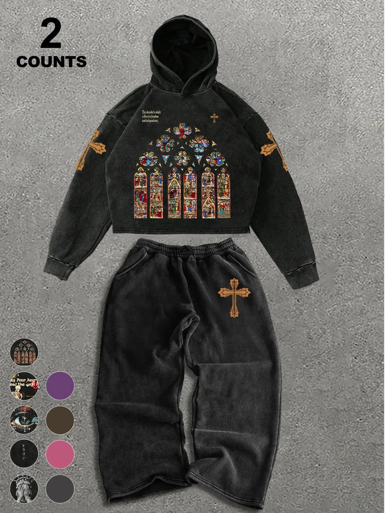 Vintage Acid Wash Stained Glass Graphic Print Hoodie and Oversized Sweatpants 2-Piece Set | Y2K Grunge Casual Fashion Streetwear Co-ord Hooded Sweatshirt Set for Men & Women | High-Quality Heavyweight Religious Art Tracksuit for Daily Street Style