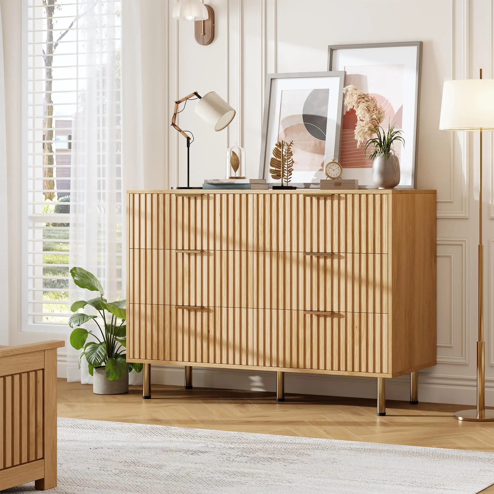 Garvee 6 Drawer Fluted Dresser, 47.2 in Wide Modern Chest with Deep Drawers, Large Double Dresser Suitable for Bedroom, Living Room, Hallway, and More
