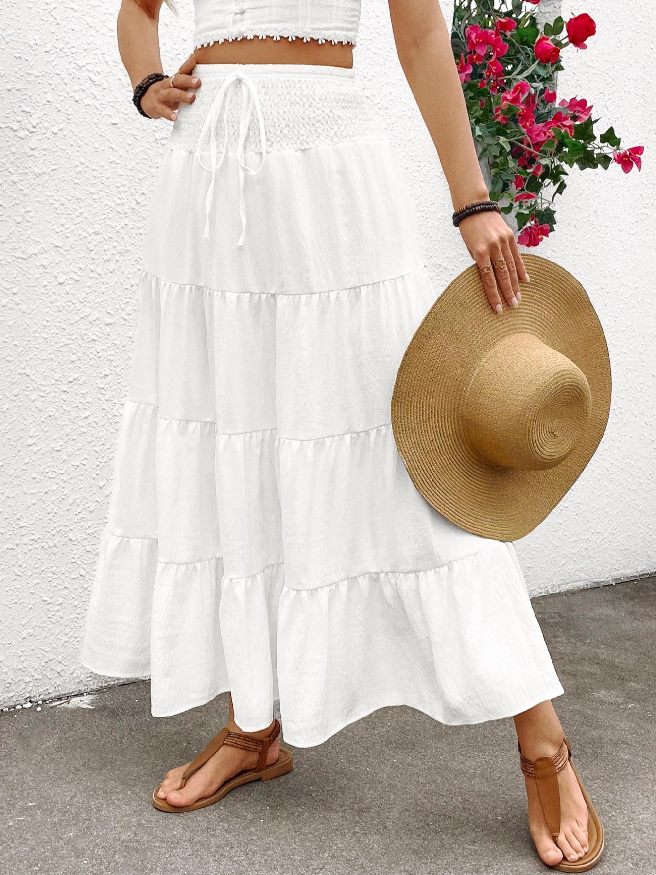 Women's Plain Boho Style High Waist A-Line Skirt, Woven Elasticity Loose-Fitting Long Dress with Drawstring Design, Casual Fashion for All Seasons