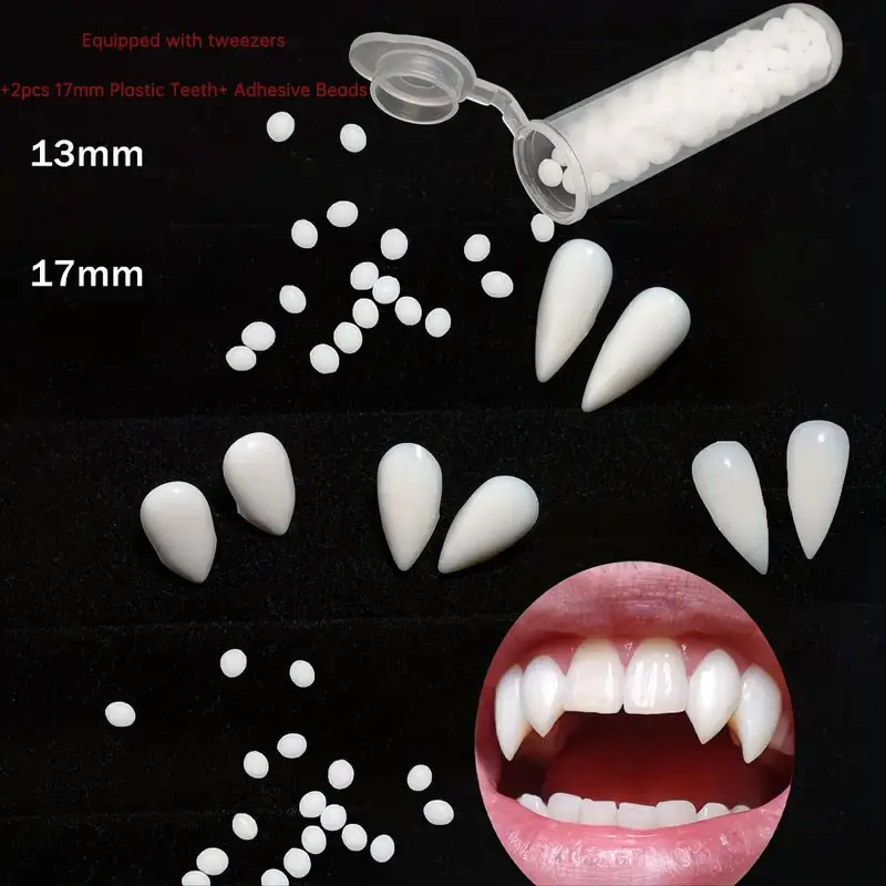 Vampire Fangs Set with Adhesive Beads, 2pcs 17mm Plastic Teeth, Role Play Costume Accessory, Fun Halloween Holiday Gift, Carnival Decor