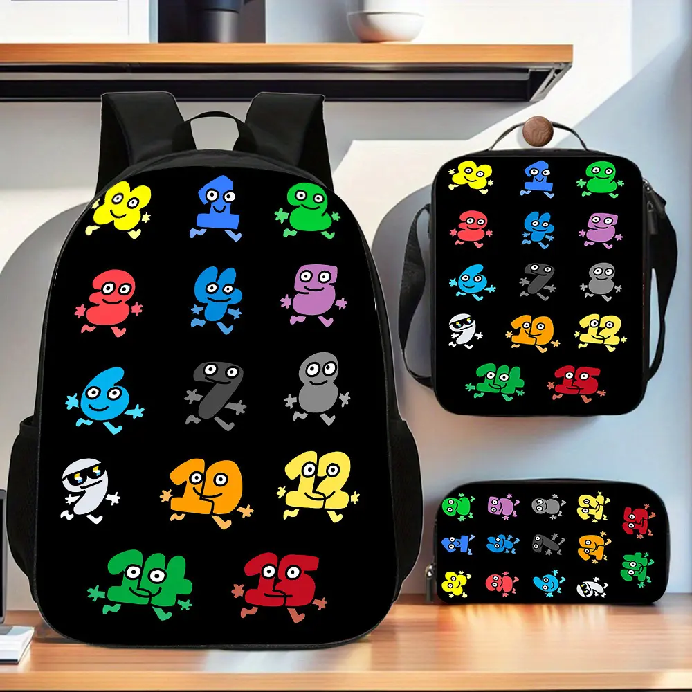 Kids' BFDI Number Character Cute Chic Oxford Cloth 3-Piece School Bag Set - Backpack, Lunch Bag, Pencil Case, Breathable Pads, Safe Materials, Roomy Size for Game-Loving Students
