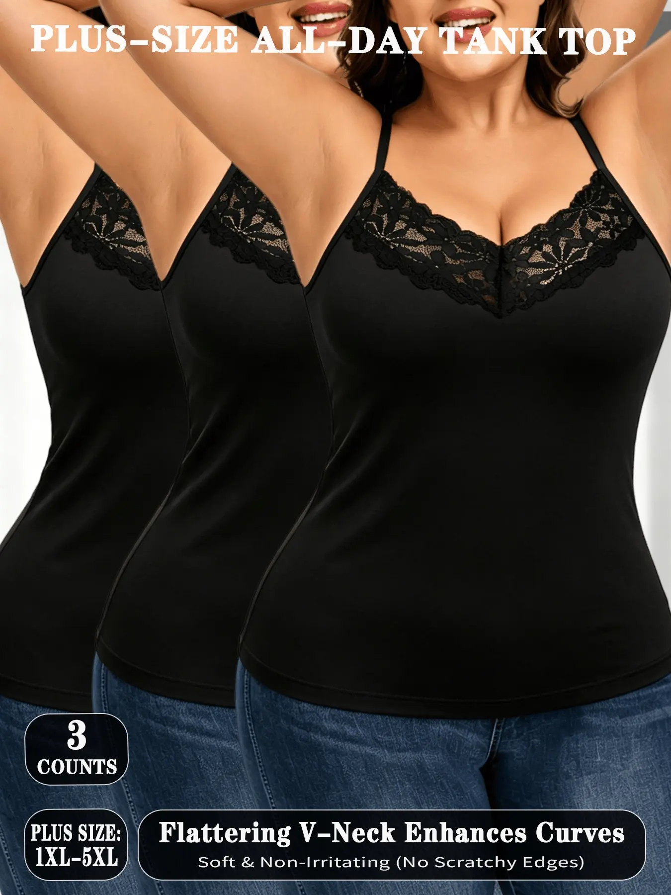 3-Pcs  Plus Size Tank Tops, Elegant Lace V-Neck Ruched Backless, Soft Stretchy Fabric, Slimming Waist Design, Daily Wear Inner Outerwear, Fit